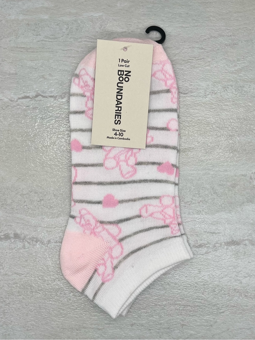 🫧 $2 Pink & White Striped Low Cut Socks with Teddy Bears & Hearts ~ NWT